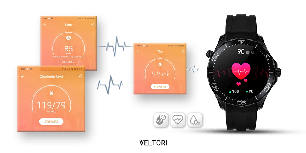 Smartwatch VELTORI VT150-1 Czarny Pasek Silikonowy + Czarna Bransoleta