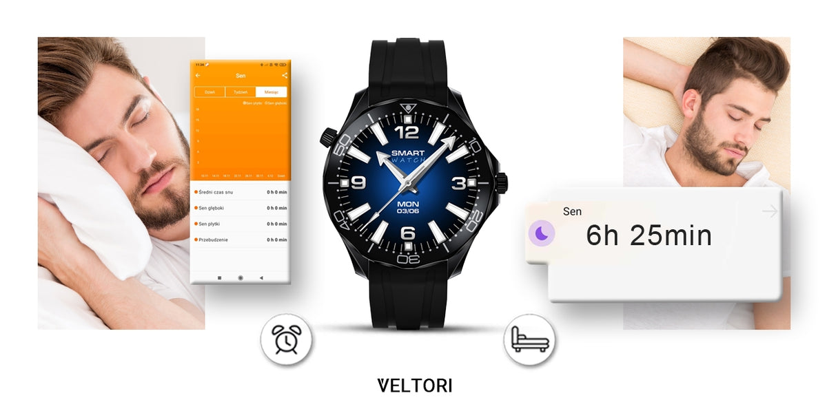 Smartwatch VELTORI VT150-1 Czarny Pasek Silikonowy + Czarna Bransoleta