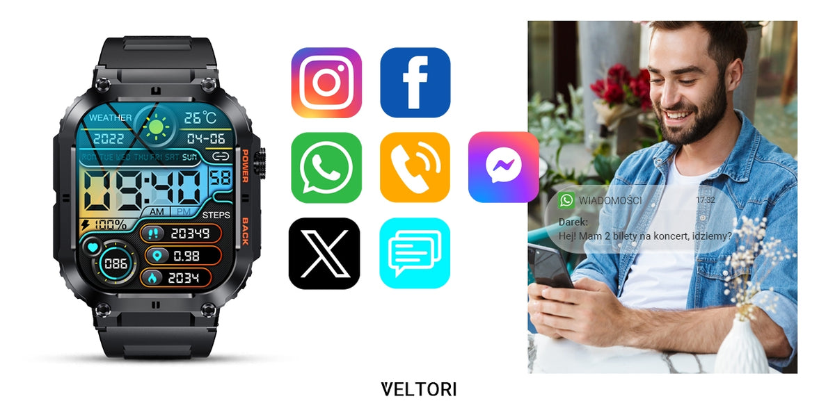 Smartwatch VELTORI VT200-1 Czarny Pasek Silikonowy