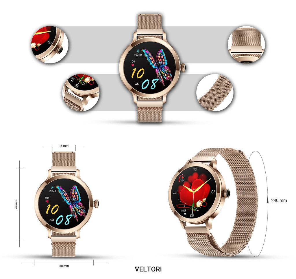 Smartwatch Damski VELTORI VT340-1 Złota Bransoleta + Różowy Pasek Silikonowy